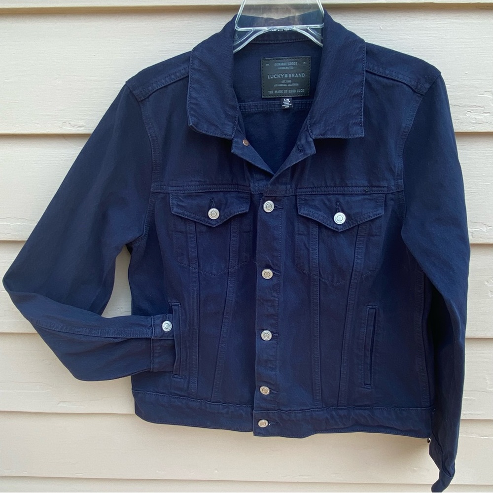 Lucky Brand Denim Truckers Jean Jacket Blue Midnight Dark SZ L 4 Pocket